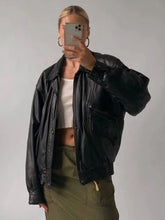 Vintage 90s Oversized Black Bomber Leather Jacket for Women